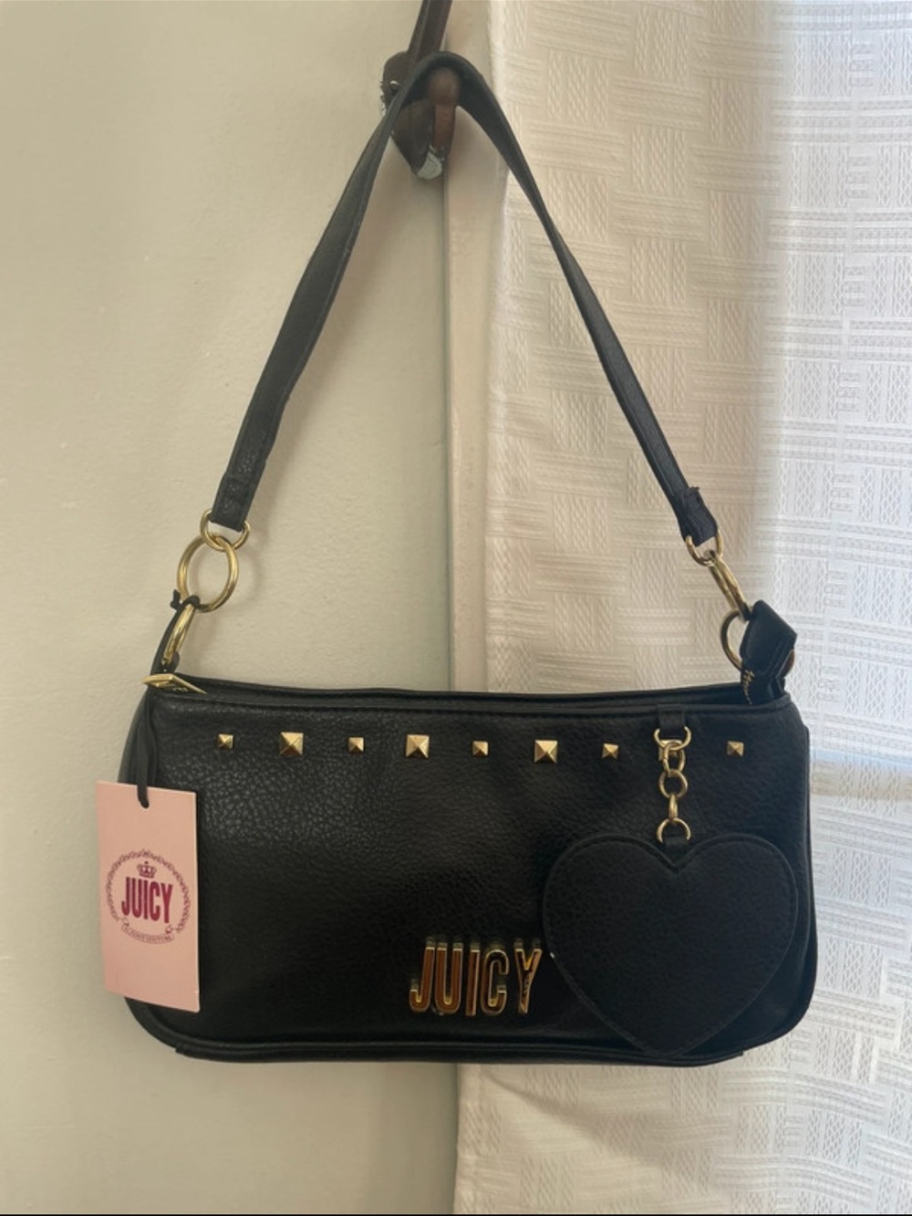 Juicy Couture Black Shoulder Bag with Gold Studs and Heart Charm